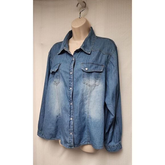 New Look Blue Denim Collared Roll-Tab Long Sleeve Button Down Blouse Size 3XL - Picture 3 of 6